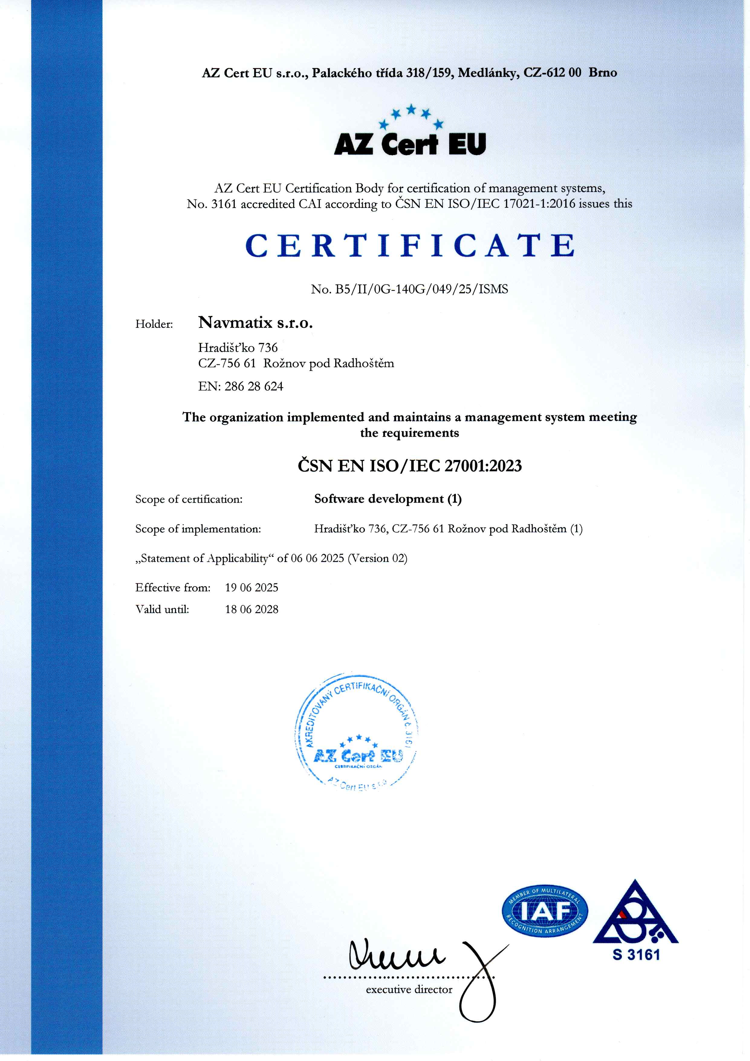 Navmatix ISO/IEC 27001:2023 certificate